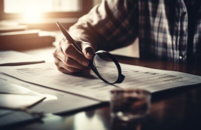 Homme affaires analysant des documents avec une loupe